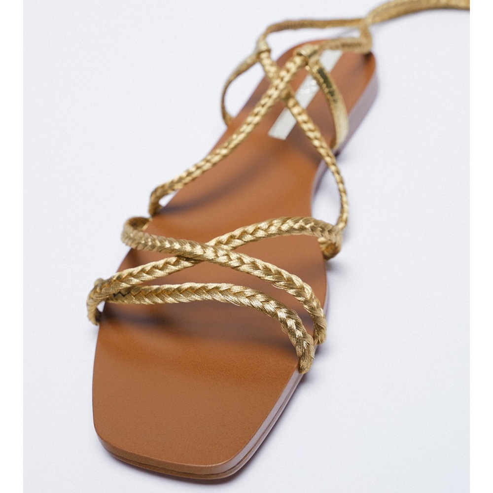 🤍 ZARA Gold Tone Woven Metallic Gladiator Sandal